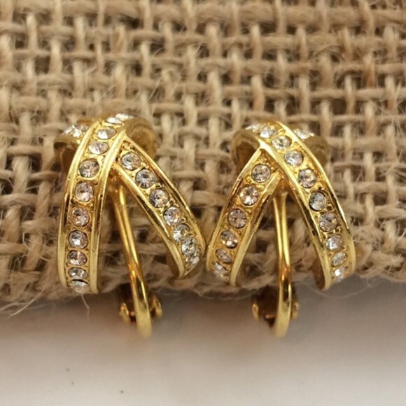 2 Pairs Vtg Avon Clip On Goldtone Earrings Faux Amber & Rhinestone Pavé - Picture 3 of 15